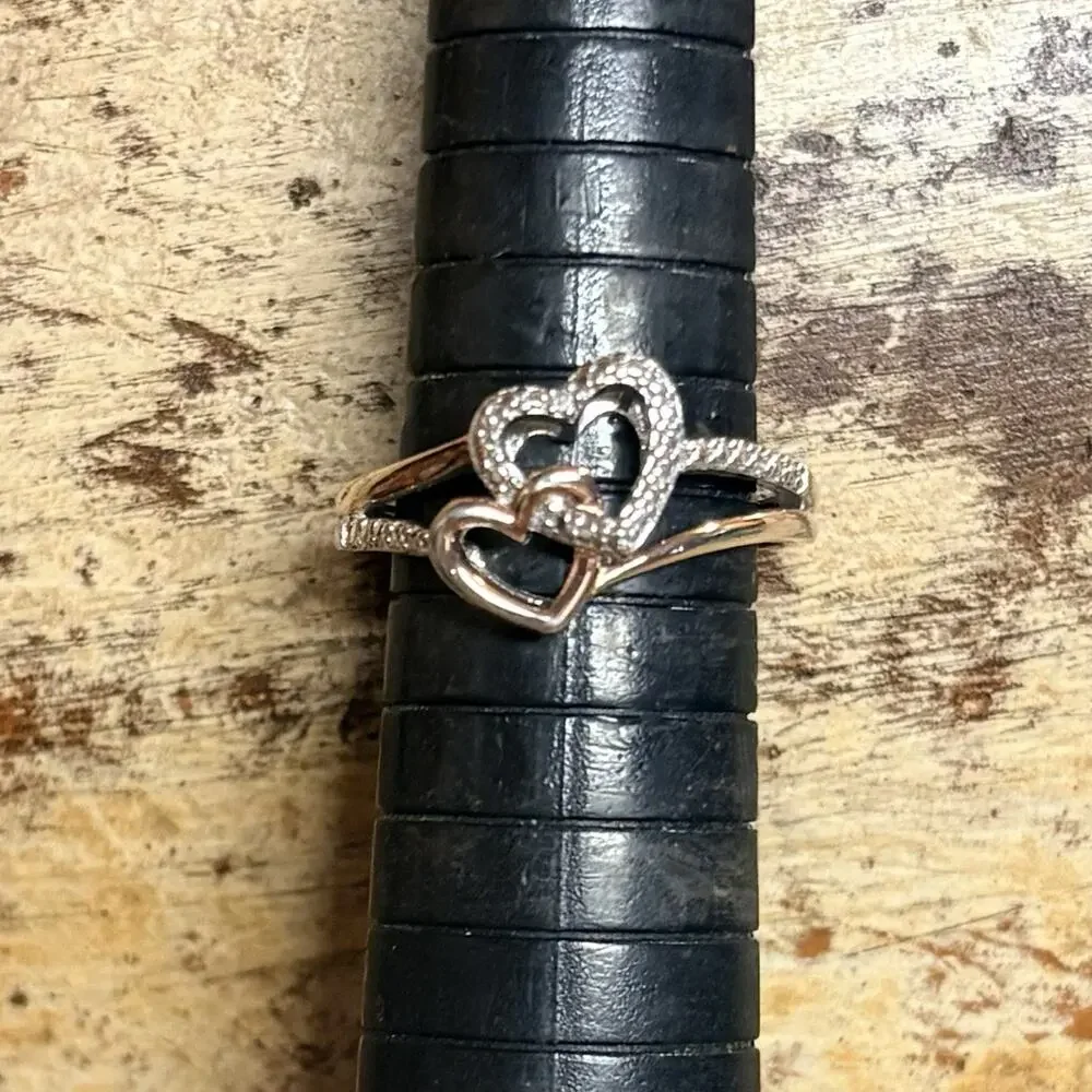 Heart Ring Size 7 Sterling Silver Two Tone w/ Diamonds Interlocking & Rose Gold